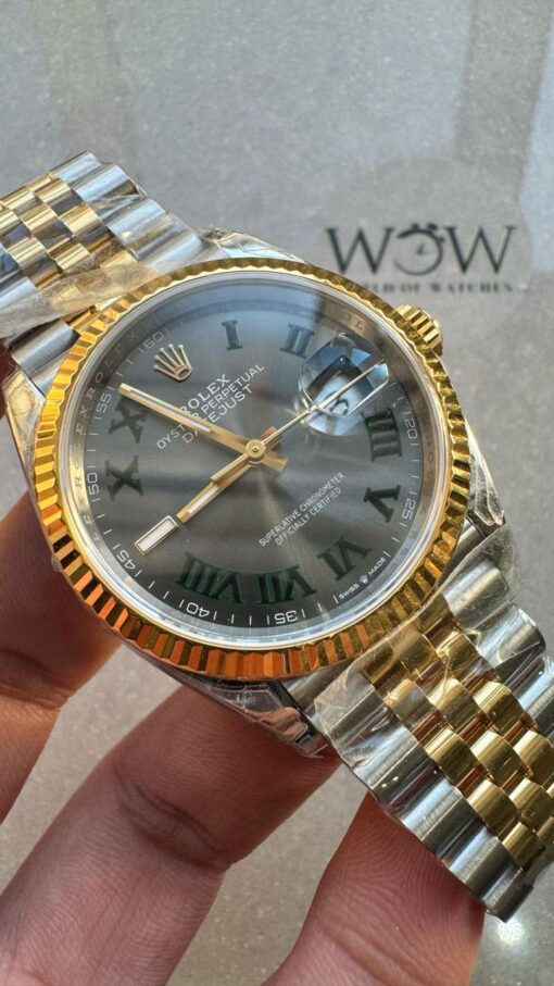 datejust 36mm Wimbledon gold 1:1 Best Edition 904L Wimbledon Steel Gray Dial Green Roman on SS/YG Jubilee Bracelet VR3235VSF - Image 3